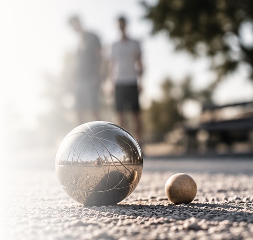 Boule-Kugel und Zielkugel auf einem Kiesplatz im Abendlicht